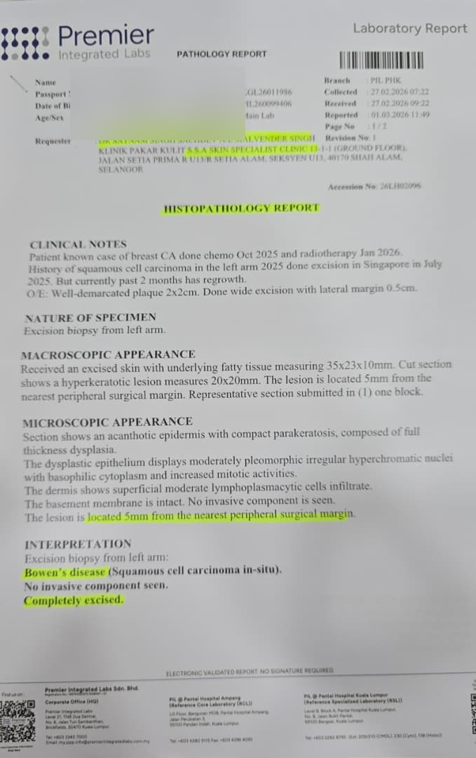Histopathology report confirming complete excision